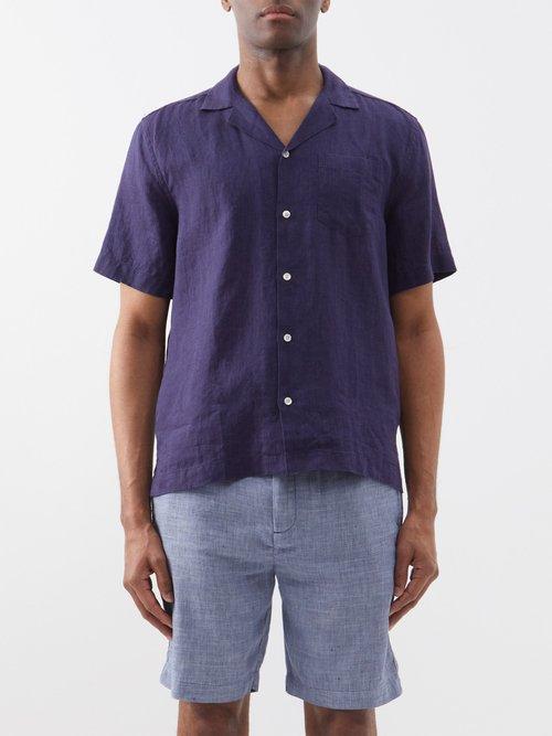 Frescobol Carioca - Antonio Linen Short-sleeved Shirt - Mens - Navy
