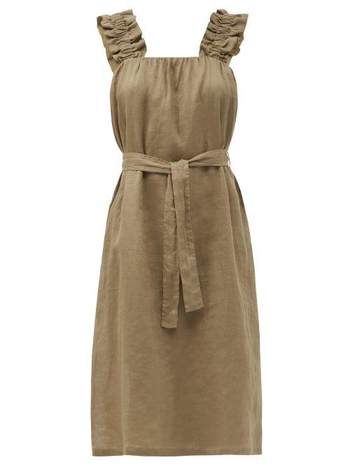 Matchesfashion.com Frame - Ruffled-strap Belted Ramie Dress - Womens - Khaki