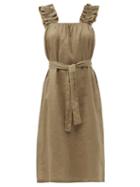 Matchesfashion.com Frame - Ruffled-strap Belted Ramie Dress - Womens - Khaki