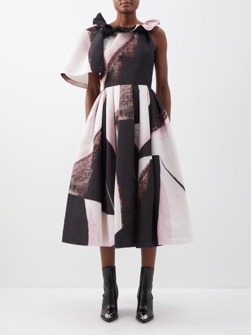 Alexander Mcqueen - Asymmetric Brushstroke-print Faille Gown - Womens - Black White Multi