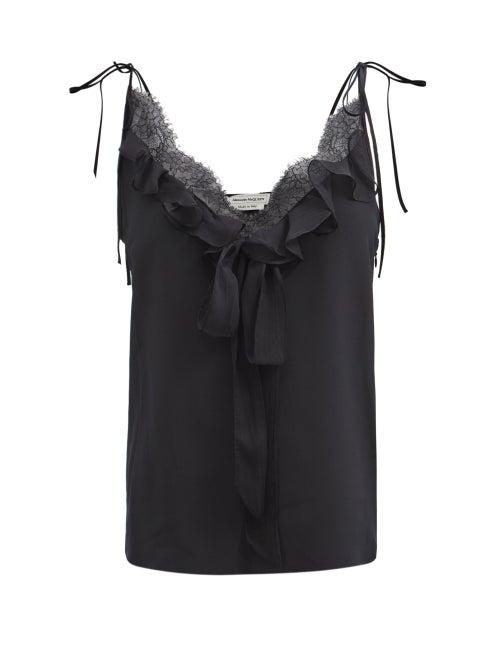 Alexander Mcqueen - Lace-trim Tie-strap Silk-satin Cami Top - Womens - Black