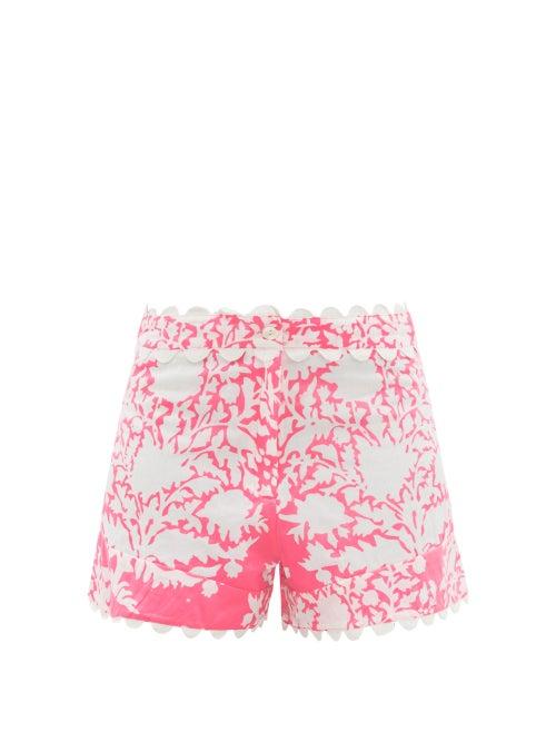 Ladies Beachwear Juliet Dunn - Scalloped Floral-print Cotton-voile Shorts - Womens - Pink Print