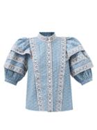 Sea - Fernanda Balloon-sleeve Tile-print Cotton Blouse - Womens - Blue Multi