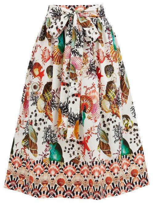 Matchesfashion.com Mary Mare - Paloma Shell-print Cotton-blend Midi Skirt - Womens - White Print