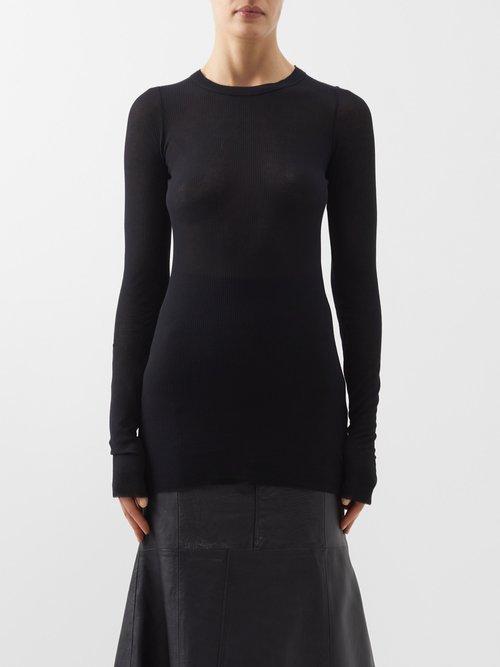 Rick Owens - Raw-edge Ribbed-jersey Long-sleeved T-shirt - Womens - Black