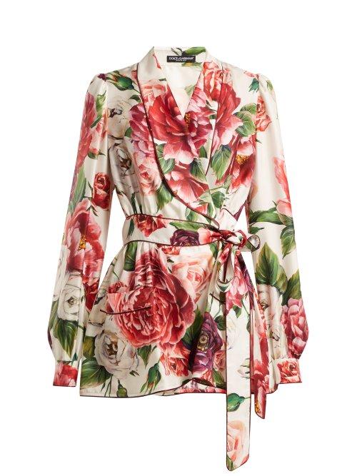 Matchesfashion.com Dolce & Gabbana - Peony Print Silk Twill Belted Pyjama Jacket - Womens - White Multi