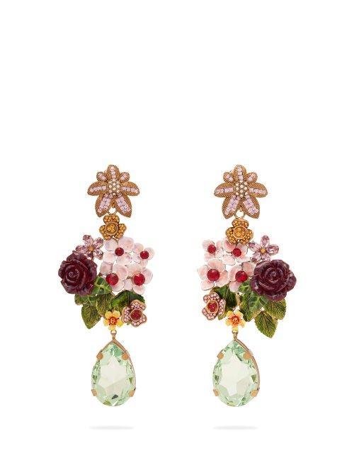 Matchesfashion.com Dolce & Gabbana - Floral And Crystal Embellished Drop Earrings - Womens - Multi