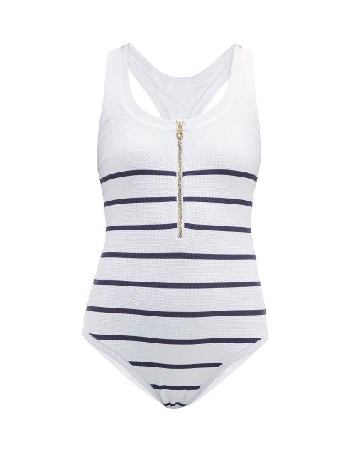 Matchesfashion.com Heidi Klein - Striped Zip Front Swimsuit - Womens - Blue Multi