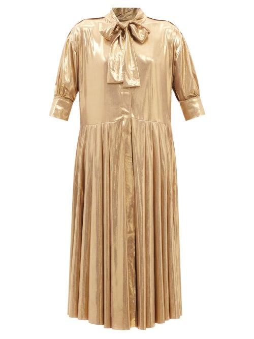 Norma Kamali - Pussy-bow Lam Midi Dress - Womens - Gold
