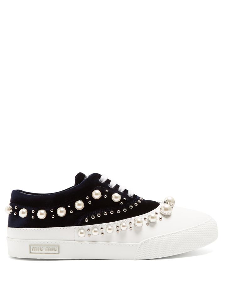Miu Miu Faux Pearl-embellished Velvet And Rubber Trainers
