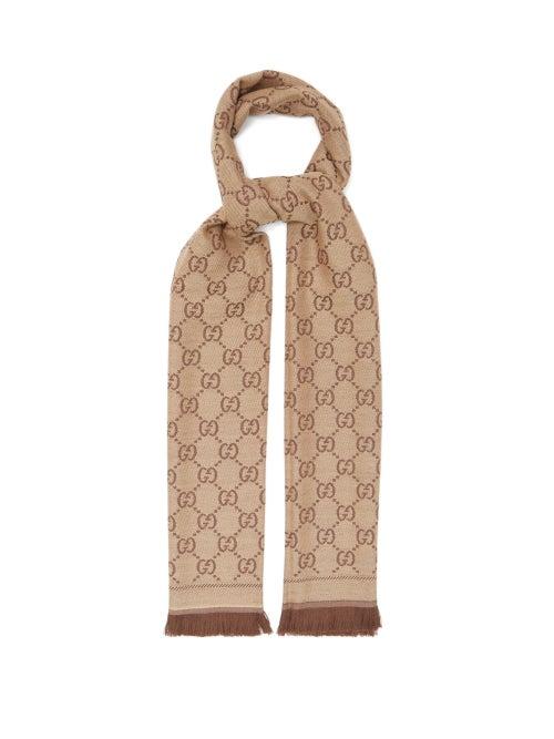 Gucci - Gg Logo-jacquard Wool Scarf - Womens - Light Brown