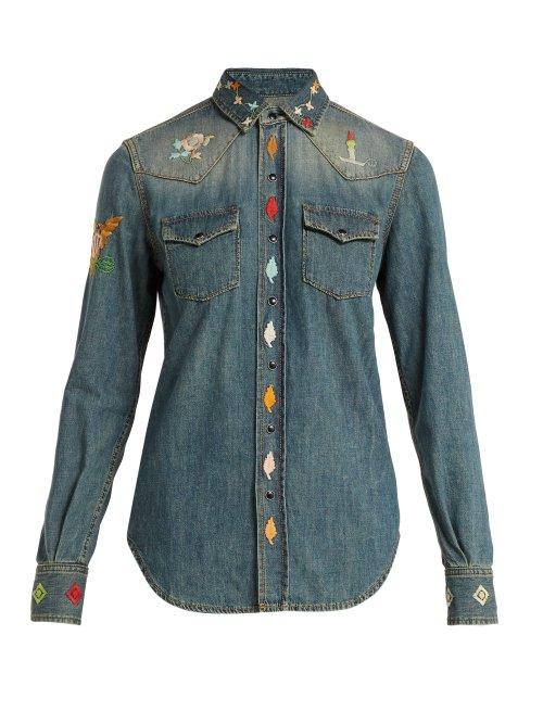 Matchesfashion.com Saint Laurent - Embroidered Denim Western Style Shirt - Womens - Denim