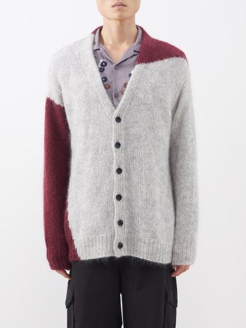 Noma T.d - V-neck Panelled Mohair-blend Cardigan - Mens - Burgundy Grey Multi