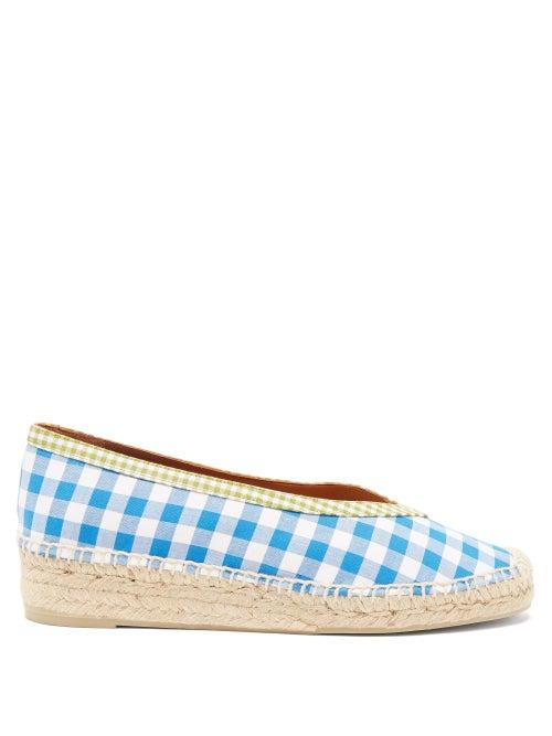 Ladies Shoes Castaer - Gustava Gingham Canvas & Jute Flats - Womens - Blue White
