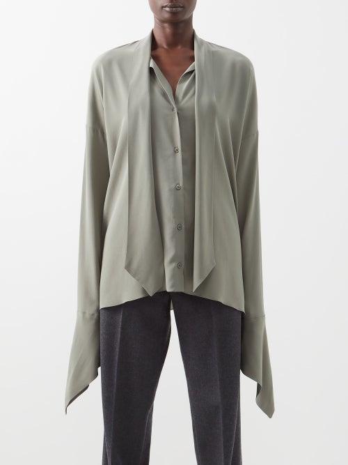 Raey - Square Cuff Sandwashed Organic Silk Pussybow Top - Womens - Light Green