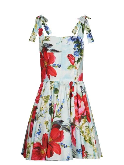 Dolce & Gabbana - Tie-strap Floral-print Poplin Mini Dress - Womens - Red Multi