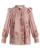 Matchesfashion.com Sea - Greta Floral Embroidered Cotton Blend Blouse - Womens - Pink