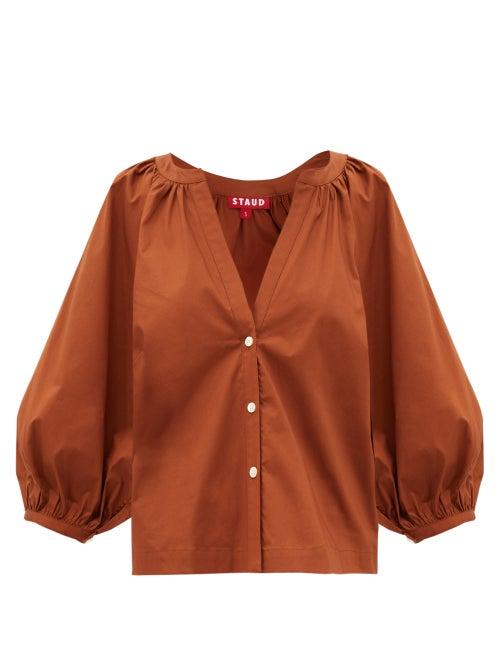 Matchesfashion.com Staud - Dill Gathered Cotton-blend Poplin Blouse - Womens - Light Brown