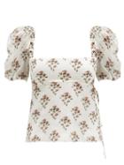 Matchesfashion.com Brock Collection - Puff-sleeve Floral Cotton-blend Top - Womens - White Print