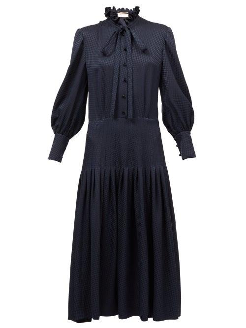 Matchesfashion.com Saint Laurent - Pussy-bow Houndstooth-jacquard Shirt Dress - Womens - Navy