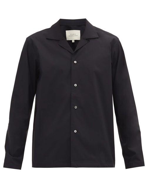 Matchesfashion.com Studio Nicholson - Cuban-collar Cotton-blend Poplin Shirt - Mens - Navy