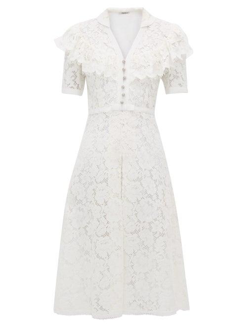 Matchesfashion.com Miu Miu - Ruffled Cotton Blend Guipure Lace Midi Dress - Womens - White
