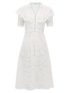 Matchesfashion.com Miu Miu - Ruffled Cotton Blend Guipure Lace Midi Dress - Womens - White