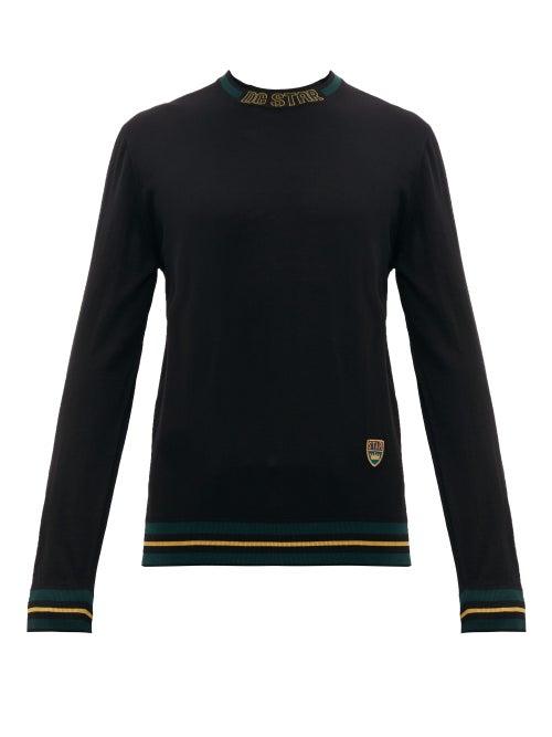 Matchesfashion.com Dolce & Gabbana - Striped Trim Crest Embroidered Wool Blend Sweater - Mens - Black