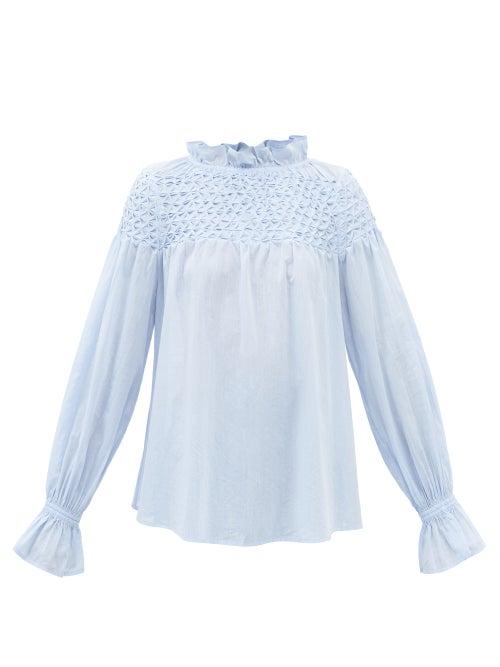 Merlette - Majorelle Smocked Cotton-chambray Blouse - Womens - Blue