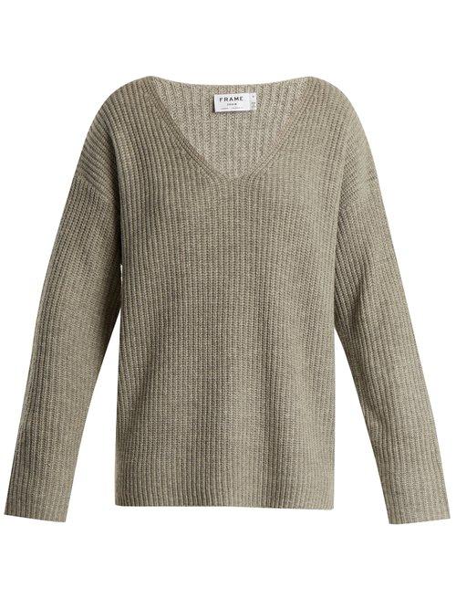 Matchesfashion.com Frame - Oversized V Neck Ribbed Knit Sweater - Womens - Grey