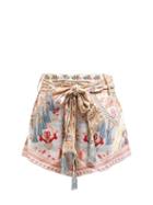 Matchesfashion.com Camilla - Jeanne Queen Print High Rise Linen Shorts - Womens - Pink Print