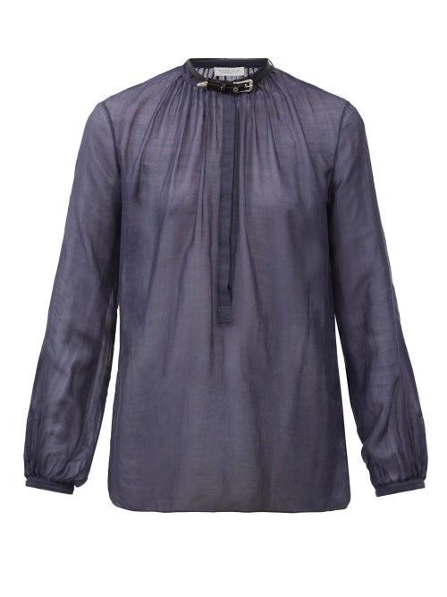 Matchesfashion.com Gabriela Hearst - Vlychos Leather-strap Silk-voile Blouse - Womens - Navy