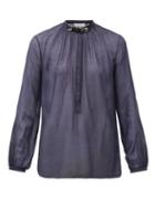 Matchesfashion.com Gabriela Hearst - Vlychos Leather-strap Silk-voile Blouse - Womens - Navy