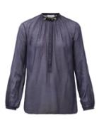 Matchesfashion.com Gabriela Hearst - Vlychos Leather-strap Silk-voile Blouse - Womens - Navy