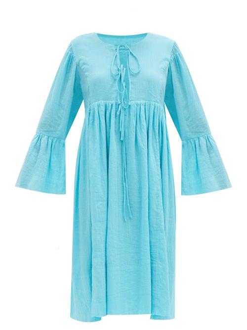 Matchesfashion.com Loup Charmant - Minerva Bell-sleeve Organic-cotton Dress - Womens - Blue