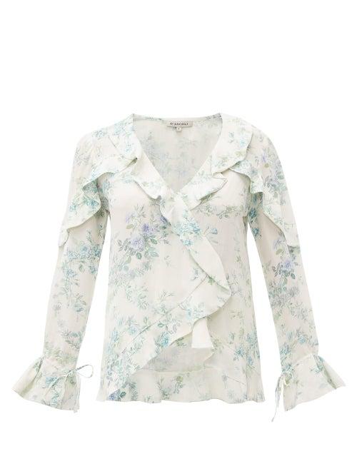 Matchesfashion.com D'ascoli - Bedford Floral Print Ruffle Trim Silk Top - Womens - Blue