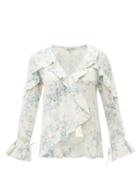 Matchesfashion.com D'ascoli - Bedford Floral Print Ruffle Trim Silk Top - Womens - Blue