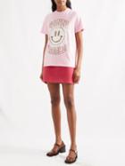 Ganni - Smiley World Logo-print Jersey T-shirt - Womens - Light Pink