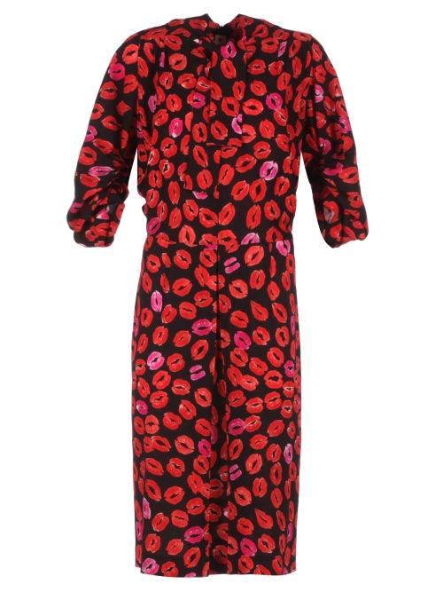 Matchesfashion.com Marni - Kiss Tornado Tie-neck Lip-print Poplin Dress - Womens - Black Print