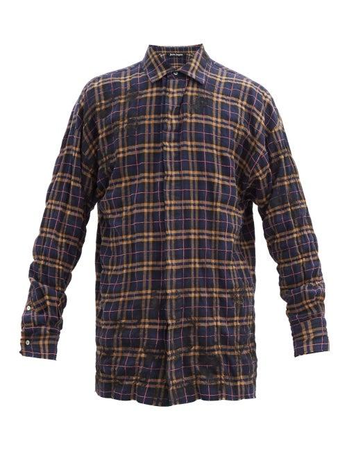 Matchesfashion.com Palm Angels - Logo-print Checked Cotton-blend Shirt - Mens - Blue