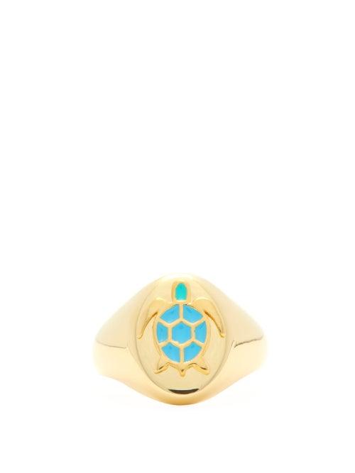 Matchesfashion.com Wilhelmina Garcia - Turtle Enamel & 18kt Gold-plated Signet Ring - Womens - Green Gold