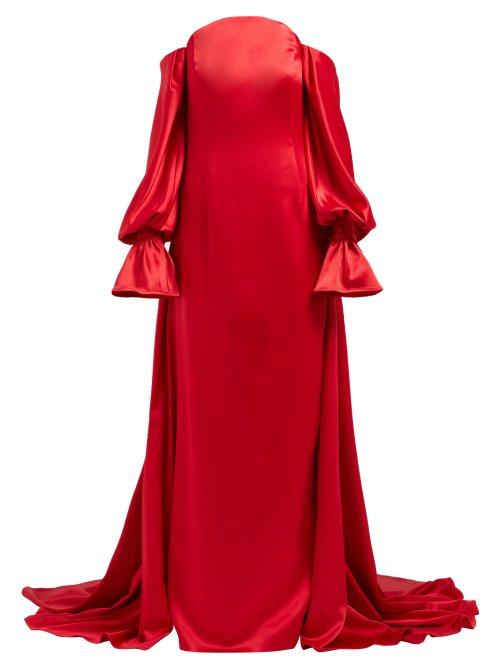 Matchesfashion.com Carolina Herrera - Off The Shoulder Silk Satin Gown - Womens - Red Multi