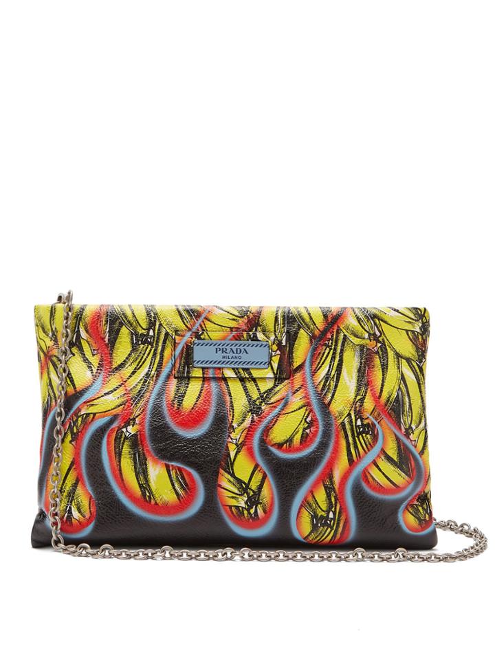 Prada Banana And Flames-print Leather Clutch