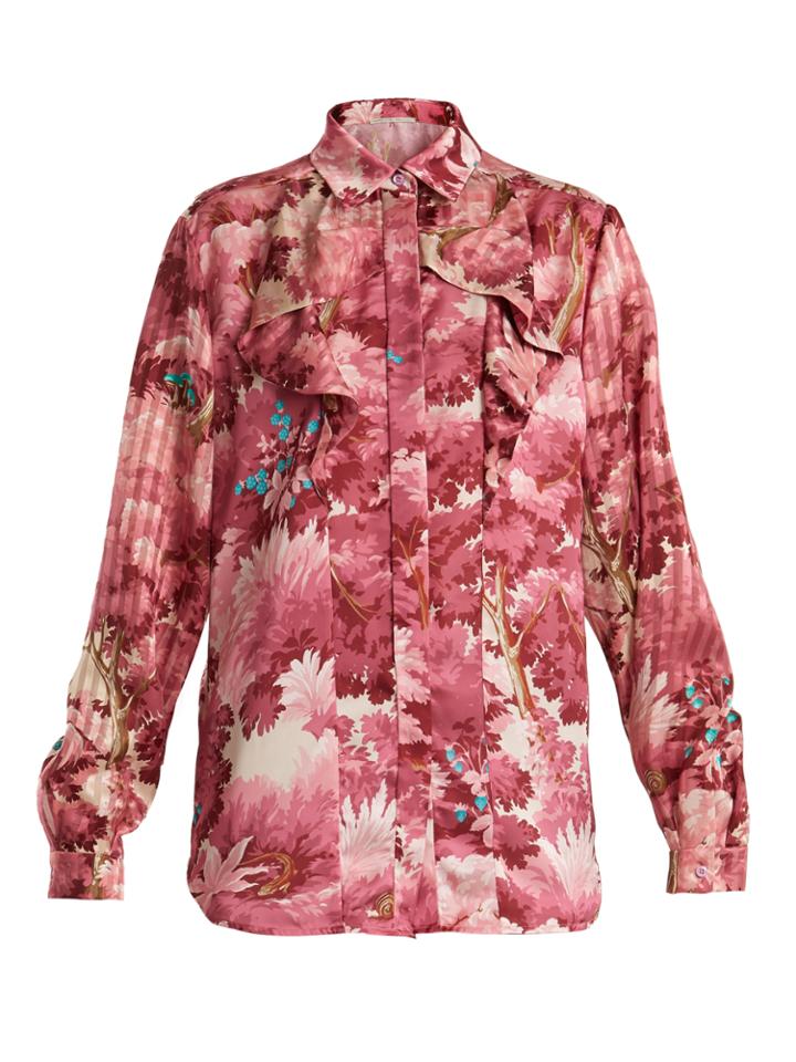 Marco De Vincenzo Painterly-print Ruffle-trimmed Satin Shirt