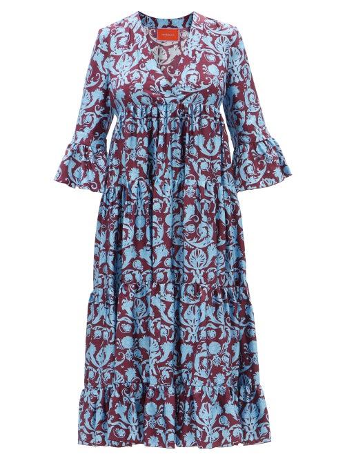 La Doublej - Jennifer Jane Brocade-print Silk-twill Midi Dress - Womens - Blue Print