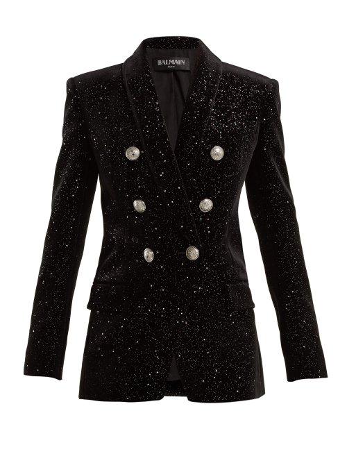 Matchesfashion.com Balmain - Double Breasted Glitter Velvet Blazer - Womens - Black Silver