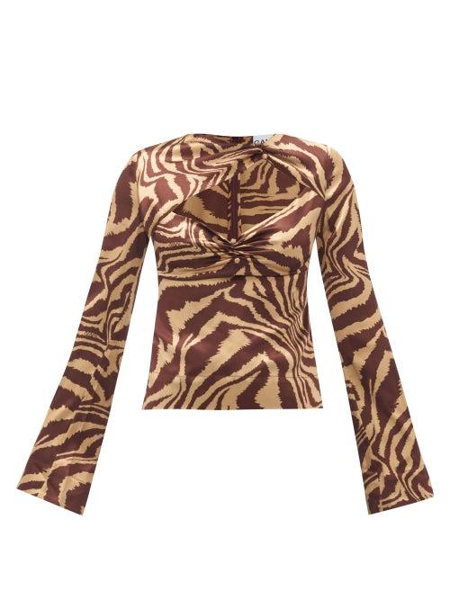 Matchesfashion.com Ganni - Asymmetric Tiger-print Silk-blend Blouse - Womens - Multi