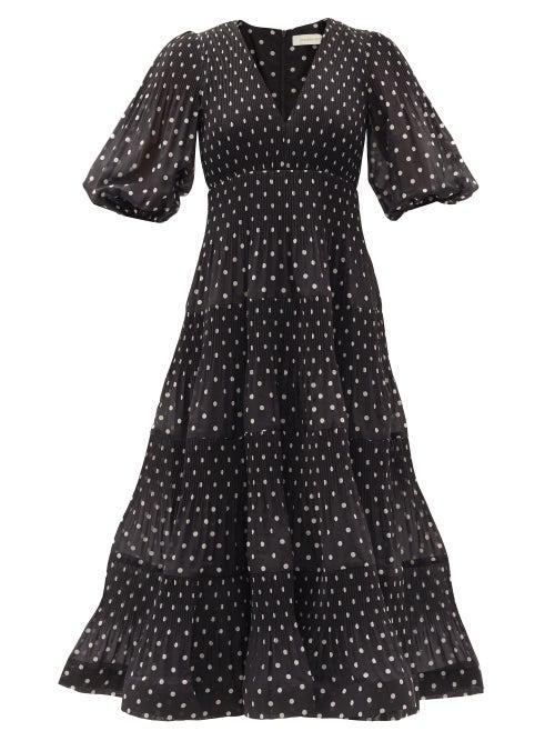 Matchesfashion.com Zimmermann - Puff-sleeve Polka-dot Voile Midi Dress - Womens - Black White
