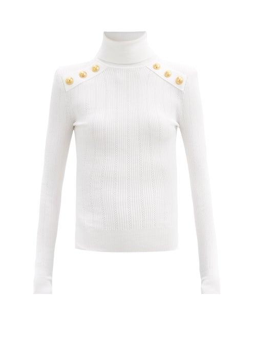 Matchesfashion.com Balmain - Padded-shoulder Roll-neck Sweater - Womens - White