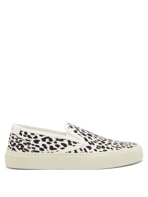 Matchesfashion.com Saint Laurent - Venice Leopard-print Canvas Slip-on Trainers - Womens - White Black